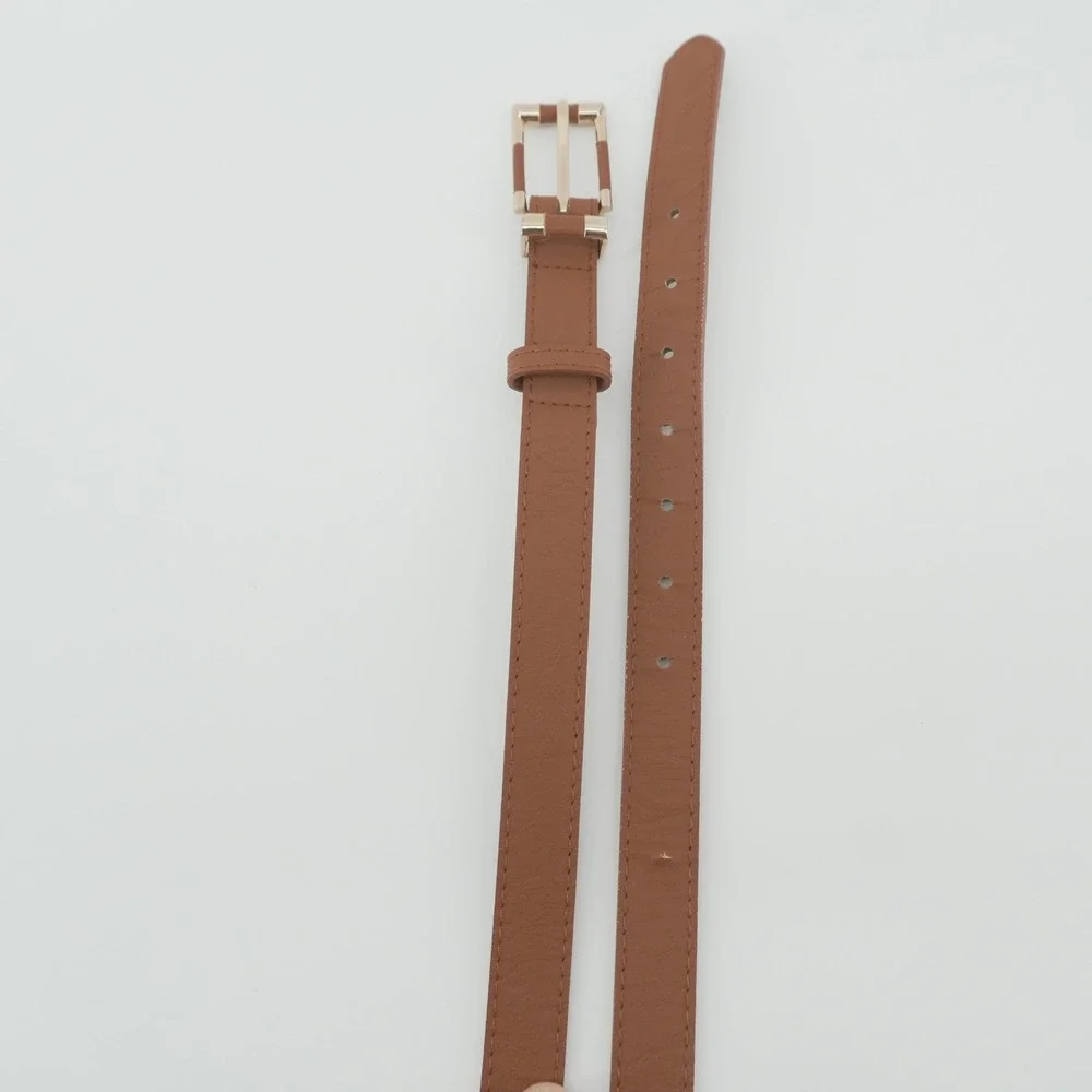 Faux Leather Belt Womens L/XL Brown Gold Buckle Skinny Waist Belt